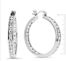 1" Inside Out Round Cut CZ Hoop Earrings AntiTarnish Silver