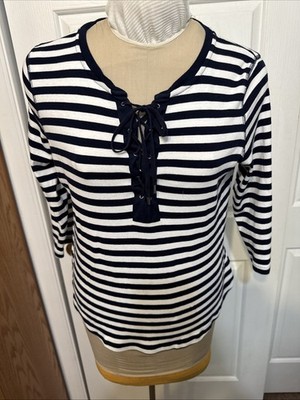Chaps Women s Xl Top Blue White Stripe Three-Quarter Sleeve 100% Cotton Grommets