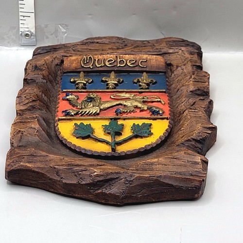 Vintage Quebec Coat of Arms Wall Plaque - Hand-Carved Wood - Canada Souvenir - Picture 4 of 8