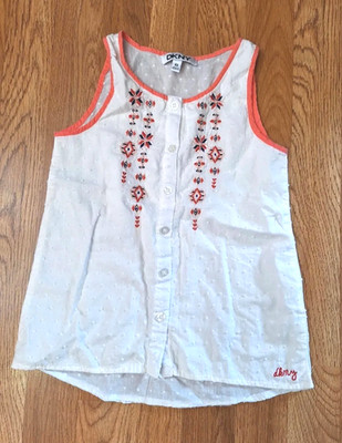 DKNY White Embroidered Flowers Buttoned Sleeveless Summer Girls Tank Top Shirt 6