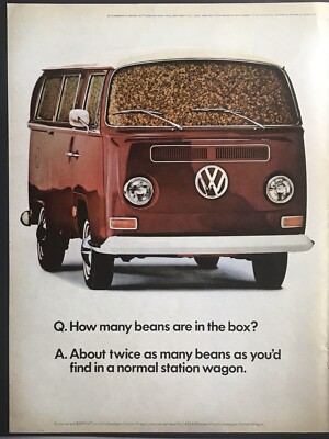 1968 VW Volkswagen Bus  How Many Beans are in the Box?  Color Photo Ad 10x13 LIF