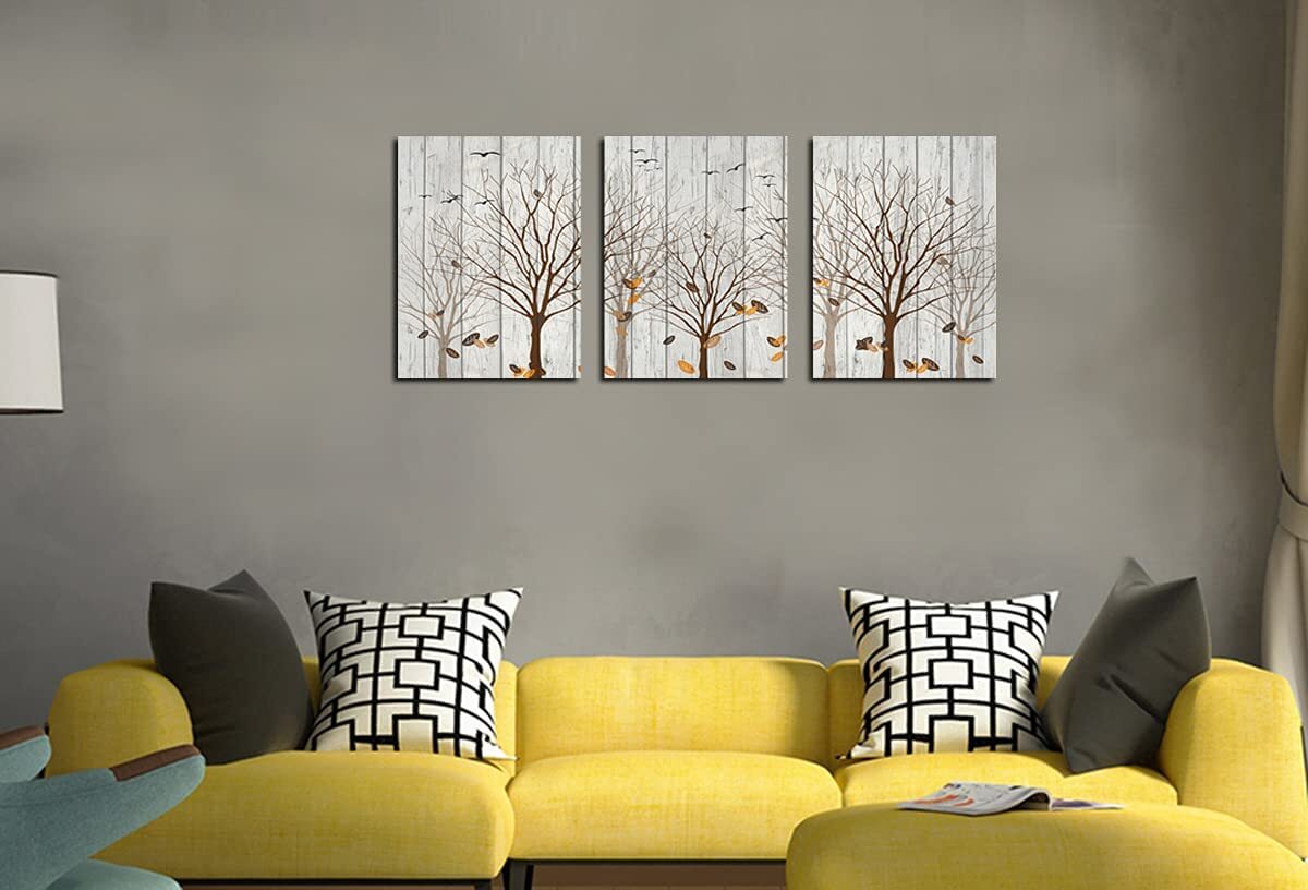 3 PCS Wood Canvas Wall Art Abstract Falling Leaves Deep Forest in