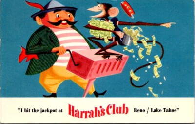 Postcard Organ Grinder and Monkey Hit Jackpot Harrah's Reno Lake Tahoe NV   9666
