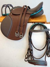 TEAL/BROWN 4p 13 14 15" All Purpose English EVENT JUMP Saddle Irons 48" Bridle