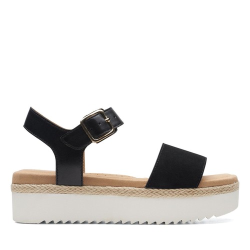 BNIB Clarks Ladies LANA SHORE Black Leather Wedged Sandals