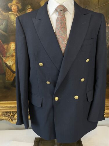 VTG English Manor 44R Navy Wool Hopsack Double Breast Gold Button Blazer Jacket - Picture 1 of 10
