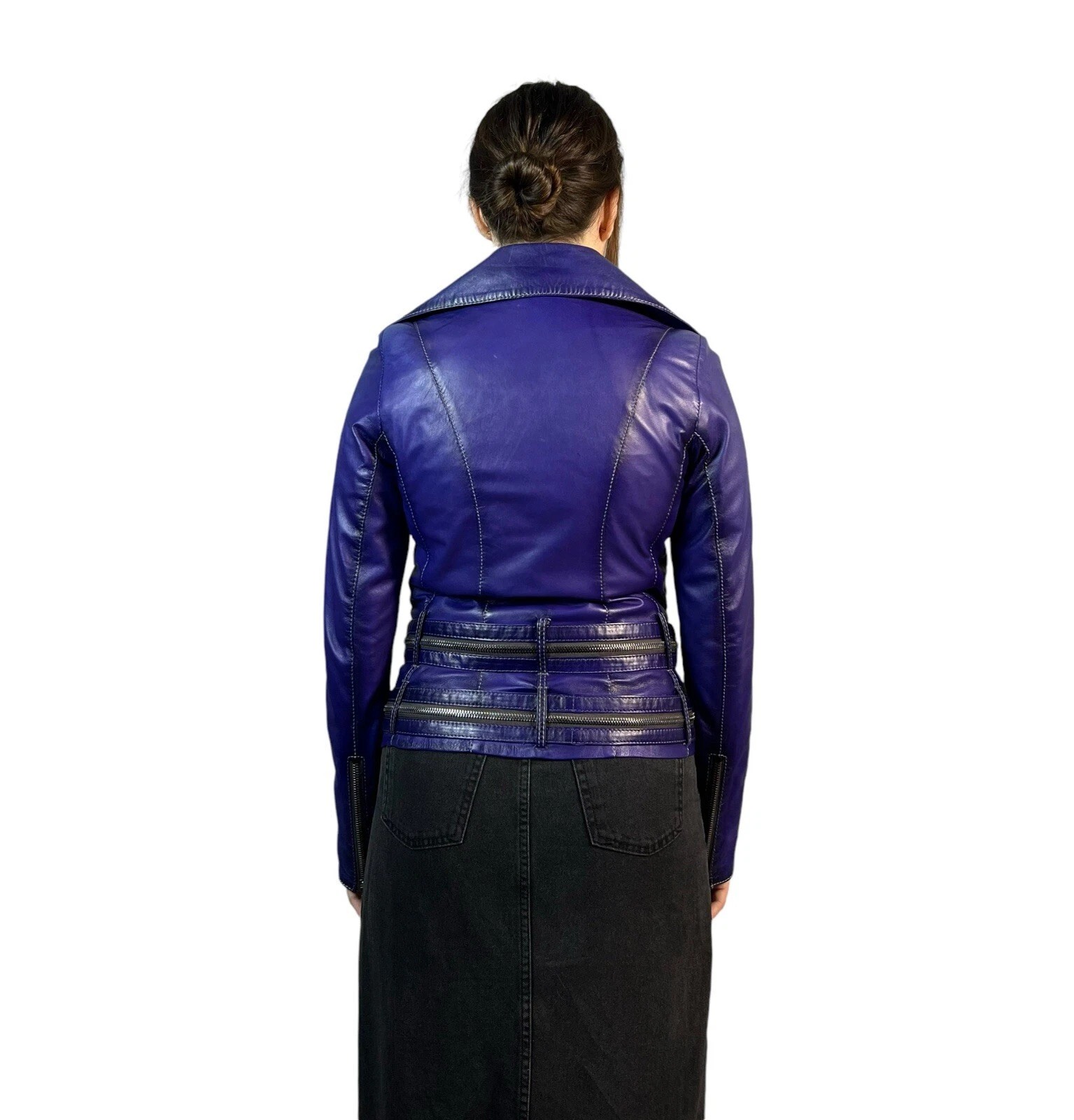 Giacca biker donna pelle Gucci vintage anni 80 full zip cintura zip viola taglia S