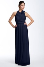NWOT navy JS Collections Pleated Mesh Halter Gown 4