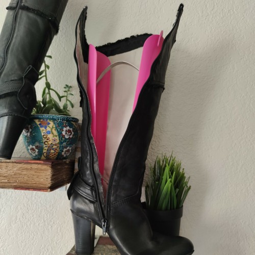 Dick Boons Vintage Black Leather Heeled Knee Boots Zip Side Fur Trim EUC Size 37 - 第 3/10 張圖片