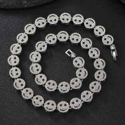 Hip Hop Iced Gold Silver Plated Cubic Zirconia Smile Face Link Chain Necklace