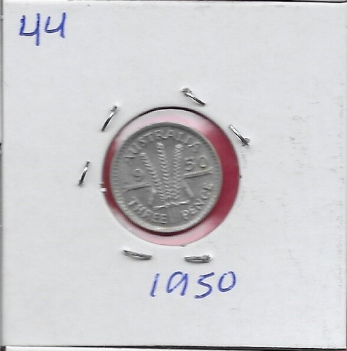 AUSTRALIA THREE PENCE 1950 WITHOUT "IND:IMP" CROWNED BUST OF KING GEORGE VI FACI - Picture 2 of 2