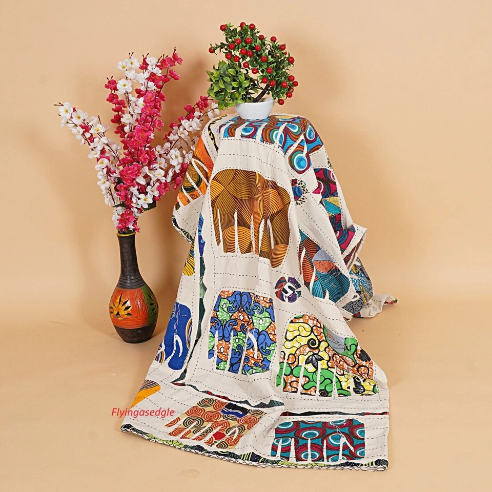 Edredón Art Kantha Queen Hecho a Mano Étnico Reversible Manta Algodón Tiro Bohemio Foto 2 de 4