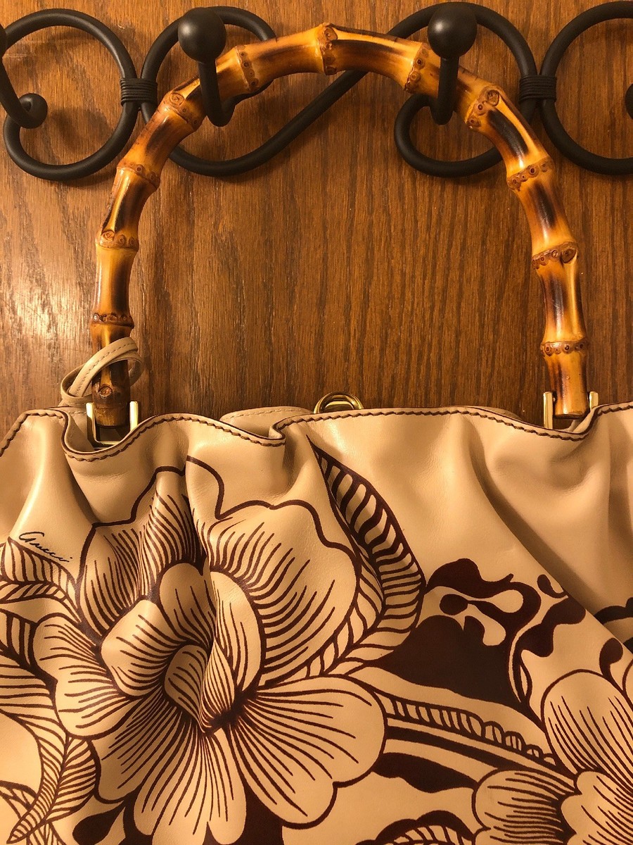 Tom Ford For Gucci Bamboo Handle Tan Leather Bag W/ Tattooed