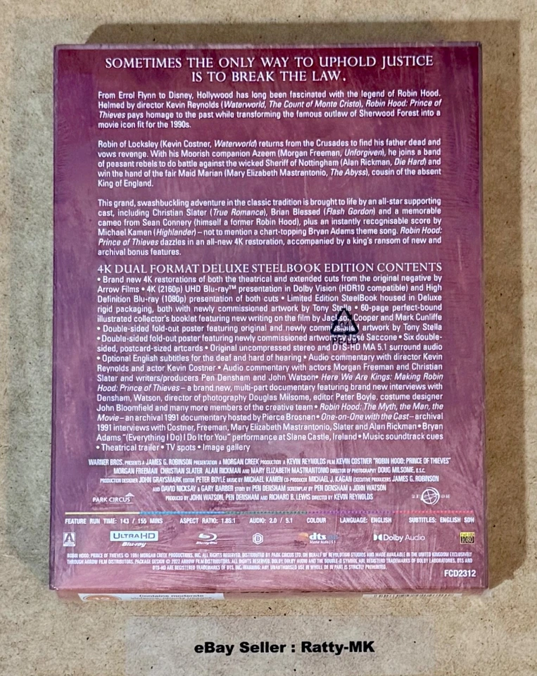 ROBIN HOOD : PRINCE OF THIEVES - UK DELUXE EDITION 4K + BLU RAY STEELBOOK - NEW - Image 2 of 4