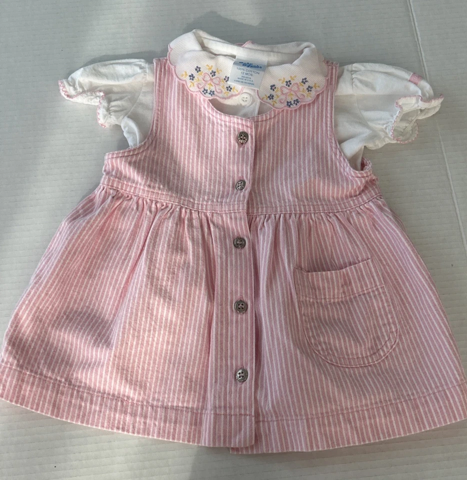 VTG Oshkosh B'gosh Pink Striped Peter Pan Collar Dress Sz 12 Months Made in USA - Image 2 of 4