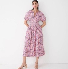 J Crew Puff Sleeve Smocked Midi in Pink Floral Fields Preppy Dress Large NWT