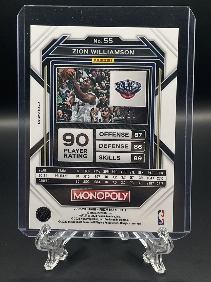 2022-2023 Panini Prizm Monopoly ZION WILLIAMSON Red Prizm 12/99 #55 New Orleans - Image 2 of 3