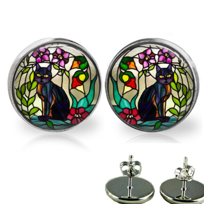 Black Cat Stud Earrings Original Floral Faux Stained Glass Art Print in 3 sizes
