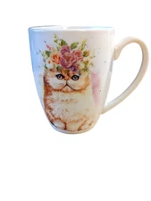 Coffee Tea Mug Ceramic Pretty Cat With Flower Crown White Pastel Colors 12 oz