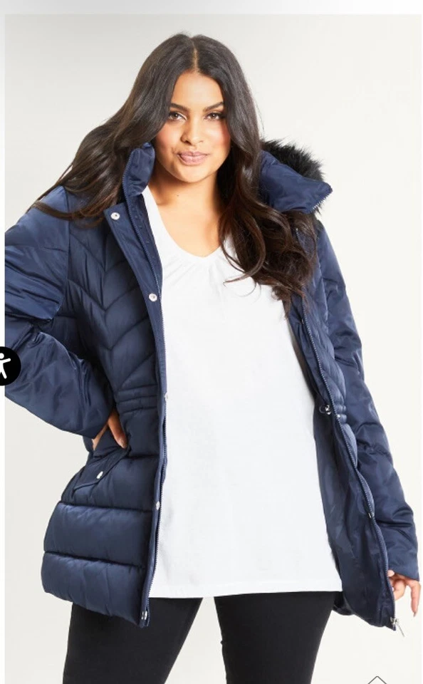 Abrigo Parka Acolchado Avenue 18 Azul Marino Piel Sintética Bolsillos Cálidos Largo Ultra Cálido Foto 3 de 4