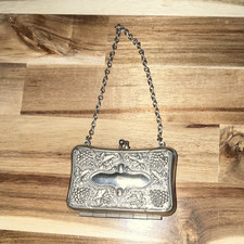 Vintage Victorian Metal Floral Embossed Coin Purse Clutch w/ Chain