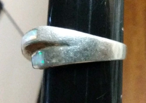 Vtg Sterling Silver White Opal Inlay Two Line Ring Sz 7.25 Beautiful Flash Color - Picture 7 of 12