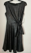 Tahari ASL Women's Black Matte Sequined Side Tie Fit & Flare Dress Size 10 NWT