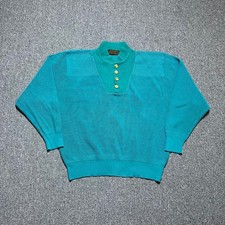 Vintage Eddie Bauer Henley Sweater Medium Teal Ribbed Cotton Mock Neck 90s
