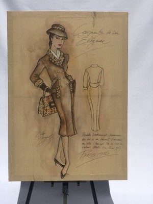 Vintage 1956 Paris Mode Illustration Leinwandbild signiert C. Maugnet