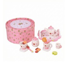 Toy Tea Set with Storage Box Wooden Playset Sturdy for Playroom