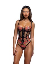 Roma Confidential Midnight Rose Sheer Floral Corset Set Black/Hot Pink Size S