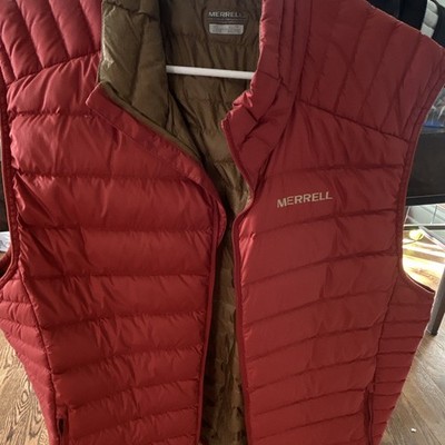 Merrell Men s Red Down Puffer Vest XL Regular Fit Full Zip Stand Collar Short