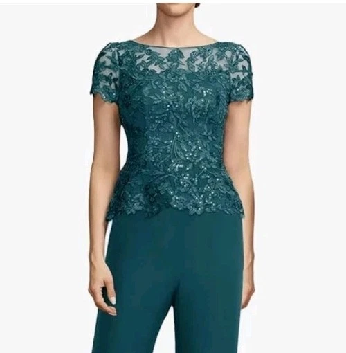 Apliques de Encaje Madre de la Novia Pantalón Traje Cuchara Boda. Verde pavo real talla 10 Foto 2 de 3