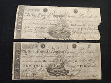 Pair of 1808 Derby Fishing Co Obsolete Banknote $5 – Merchants Bank New York
