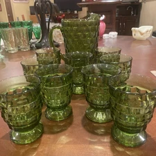 Vintage  Indiana Glass Whitehall Cubist Pitcher & 9 Footed Glasses Avocado Green