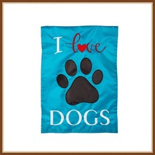 EVERGREEN GARDEN FLAG  I LOVE DOGS  EMBELLISHED BURLAP - BRAND NEW