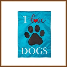 EVERGREEN GARDEN FLAG * I LOVE DOGS * EMBELLISHED BURLAP - BRAND NEW