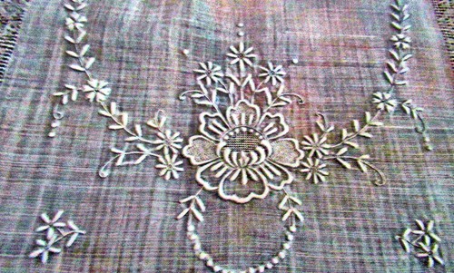 Vtg Table Runner 52" Sheer Linen Madeira Whitework Hand Embroidery Floral