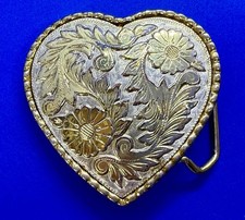 Heart Shape Leaf Flower Etched Two Tone Western Cowboys Cowgirls Belt Buckle