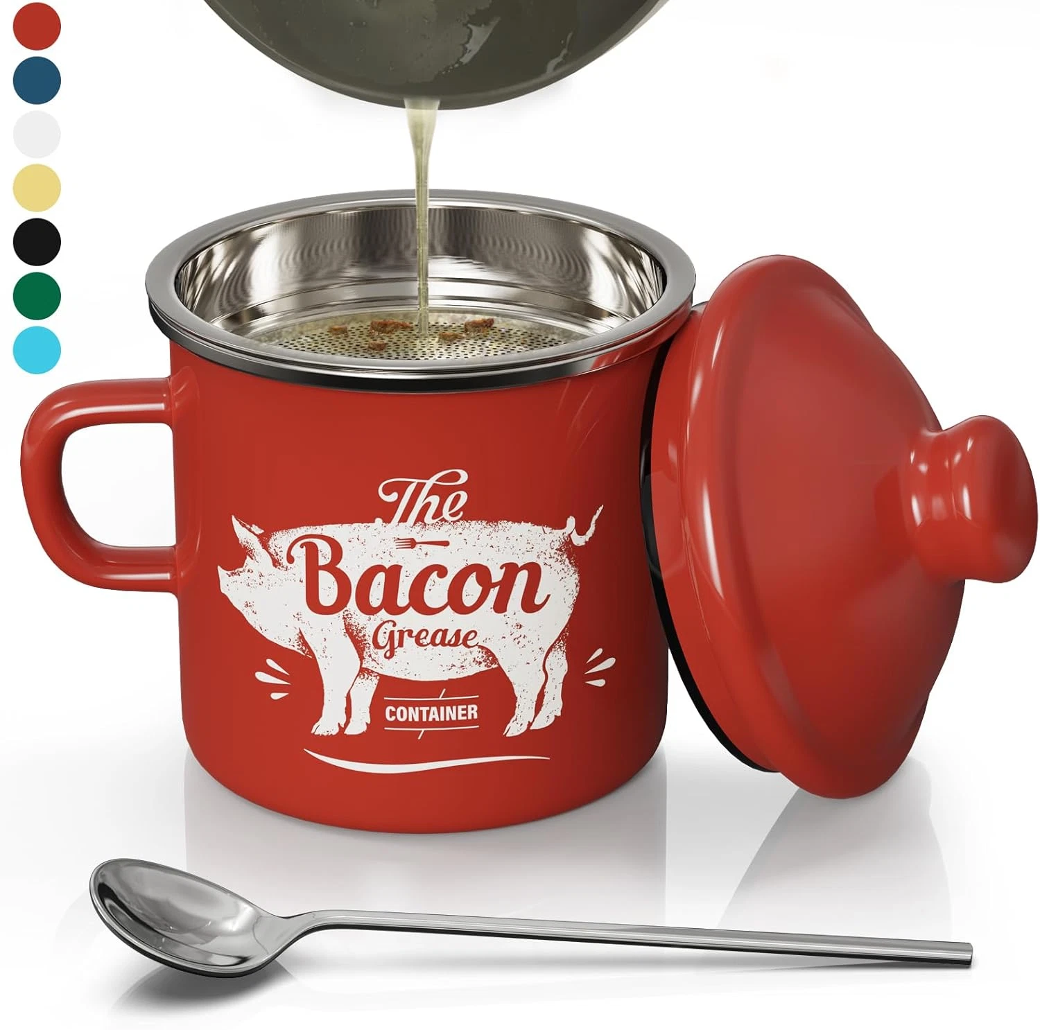 PGYARD Mini Bacon Grease Container with Strainer - 15OZ Enamel Grease Saver, Far