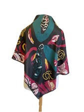 Vintage Abstract Print Scarf Black Teal Red Yellow Graphic Art A22