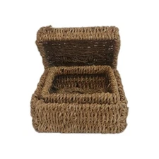  Wicker rattan Brown rustic boho basket Storage Box with lid 5 1/4"x 5 1/4"x 3" 