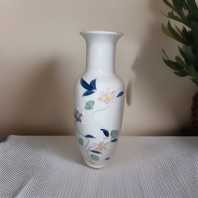 Apex Quality White Vase Handpainted With Raised Pastel Flowers 10.5''T