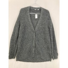 New GAP Cardigan Large Gray Chunky Ribbed Knit Button Front Wool Blend Neutral
