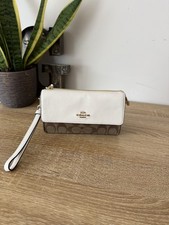 Coach Signature Logo Wristlet Wallet White Brown with Zipper Strap for Women