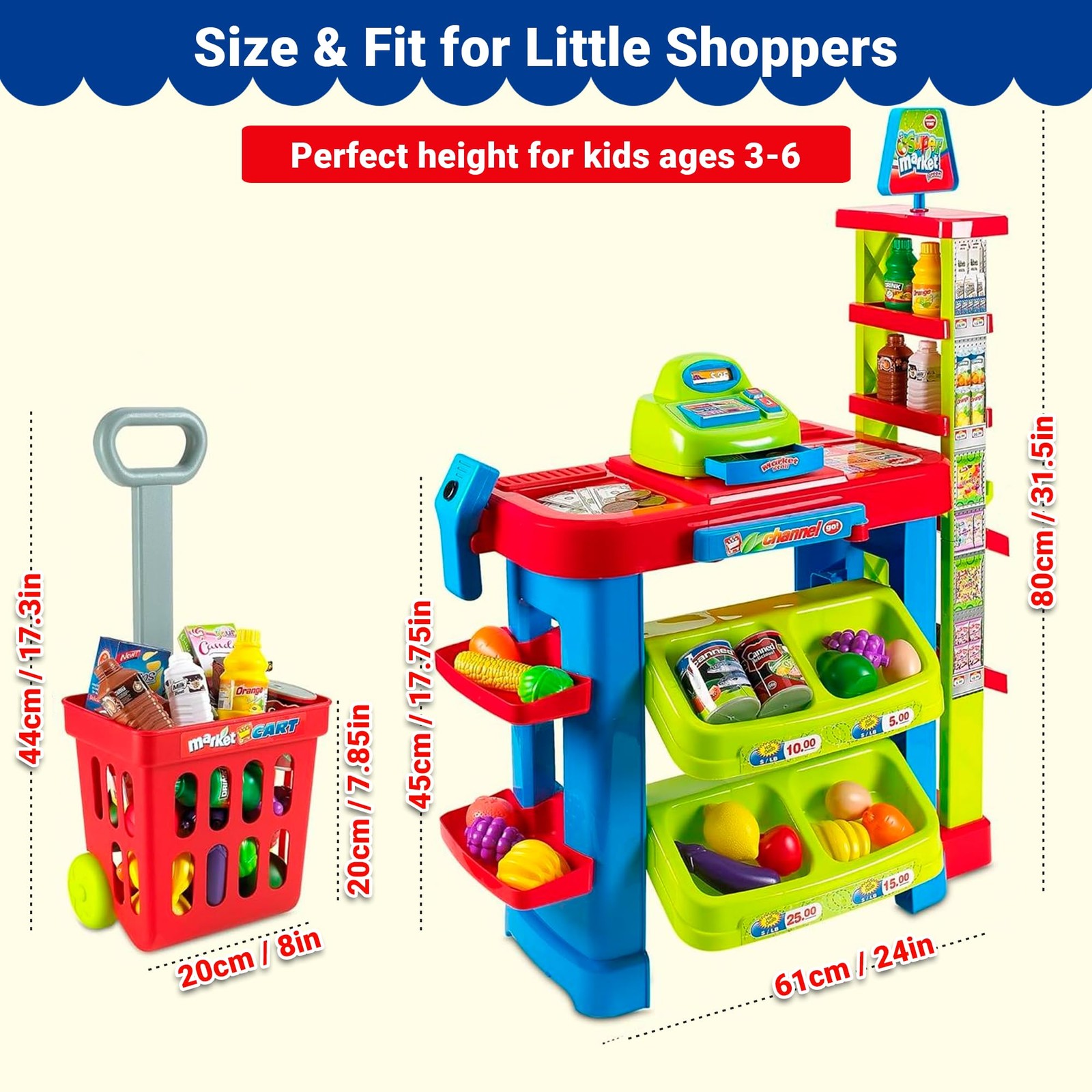 как выглядит Grocery Store Playset for Kids - Toy Shopping Cart, Cash Register Food фото