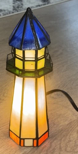 Vintage Tiffany style Stained Glass Lighthouse Lamp Night Light Decor Works