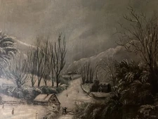 Oil Painting On Canvas Village Scene Snow W H Fletcher Landscape 19th Century Antique
