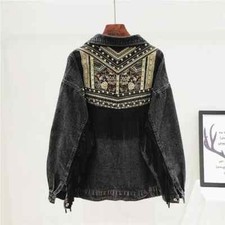 Denim Jacket Embroidery Suede Fringe Loose Coat Long Sleeve Women Veste Femme