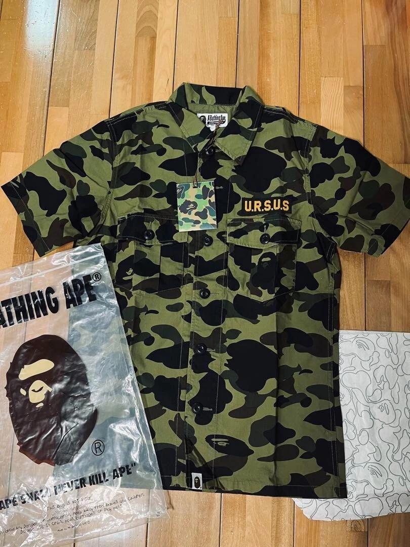 A BATHING APE URSUS BAPE Work Shirt Size S Camouflage Khaki Short Sleeve New